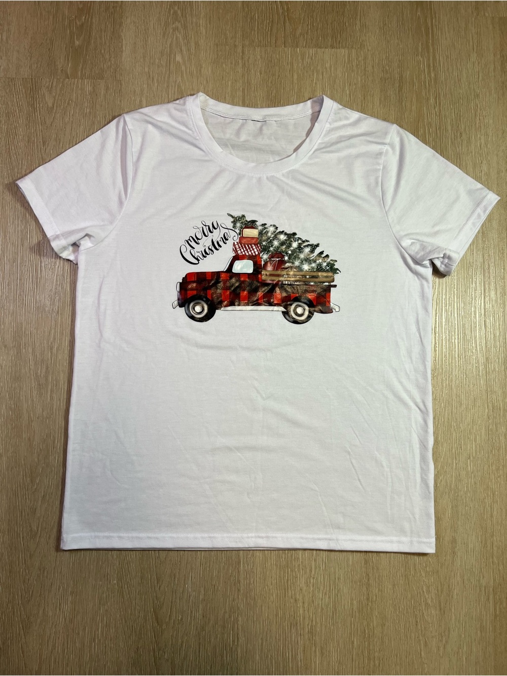 White Tee with Red Plaid Christmas Truck Graphic